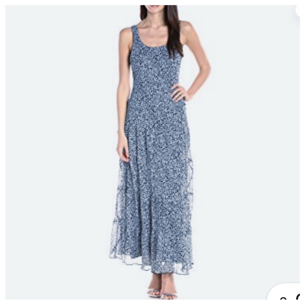 Nine West Blue and White Maxi Tiered Tank Dress